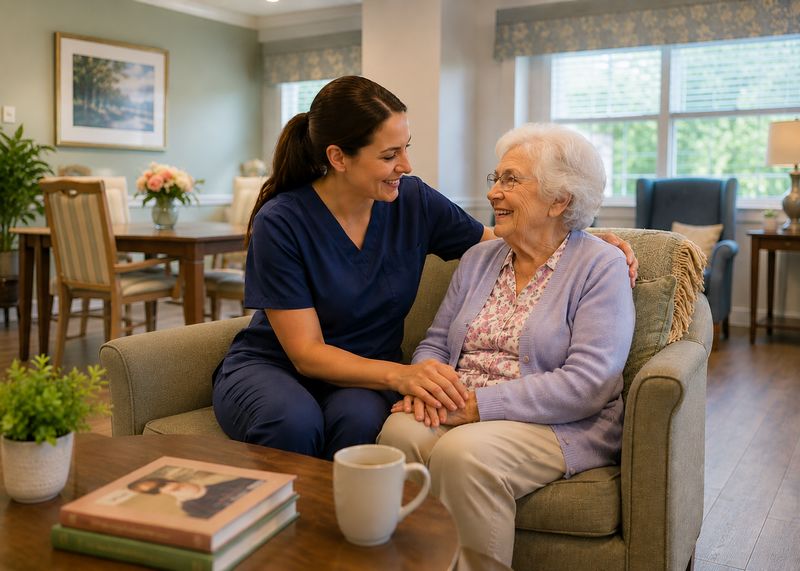 Caring staff with resident at The Waters of Rushville